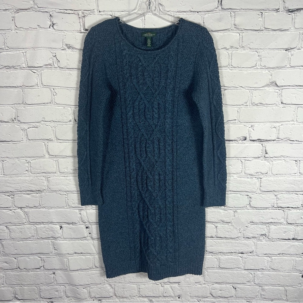 Lauren Ralph Lauren Blue Sweater Dress Raised Front & Sleeve Design Size M (B20)